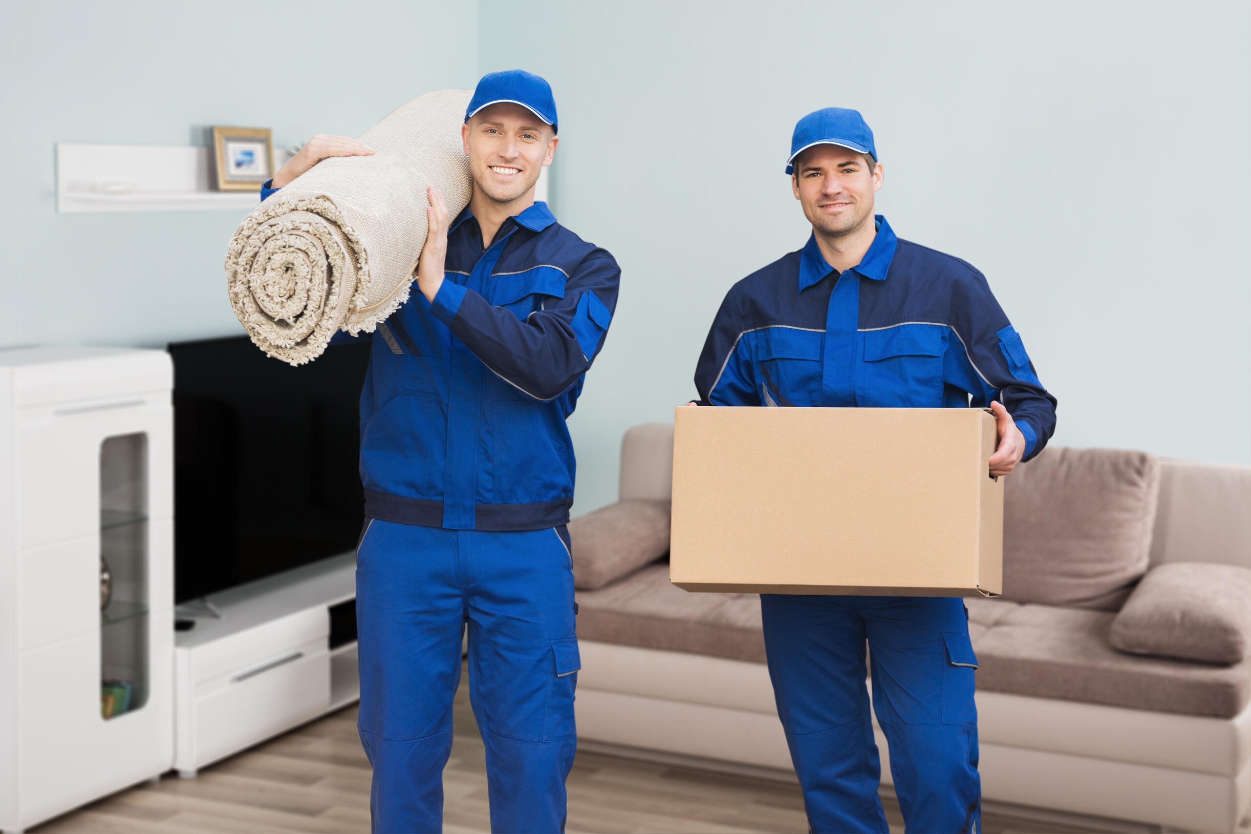 Two movers in blue uniforms and caps stand in a living room
